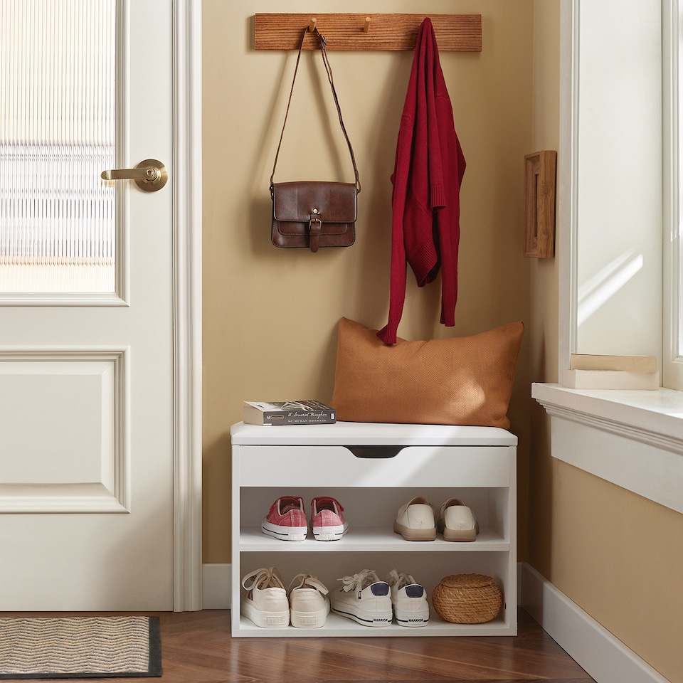 image 1 of SoBuy 2-Tier Shoe Storage Bench with Folding Padded Seat, White, 23.6x11.8x17.3 in, 13 kg - FSR25-W