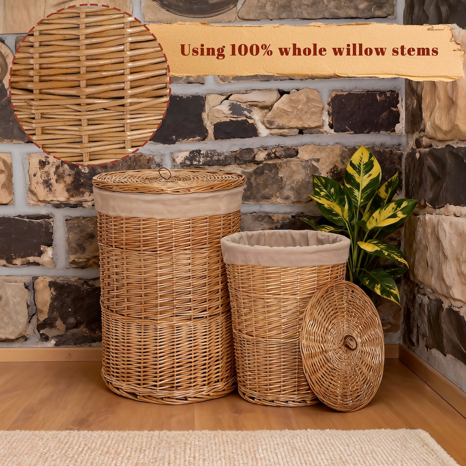 image 1 of Wicker Laundry Hamper Basket, Laundry Basket with Lid, Round Washing Baskets, Wicker Wash Baskets with Lining Bathroom Storage (Brown, Large)