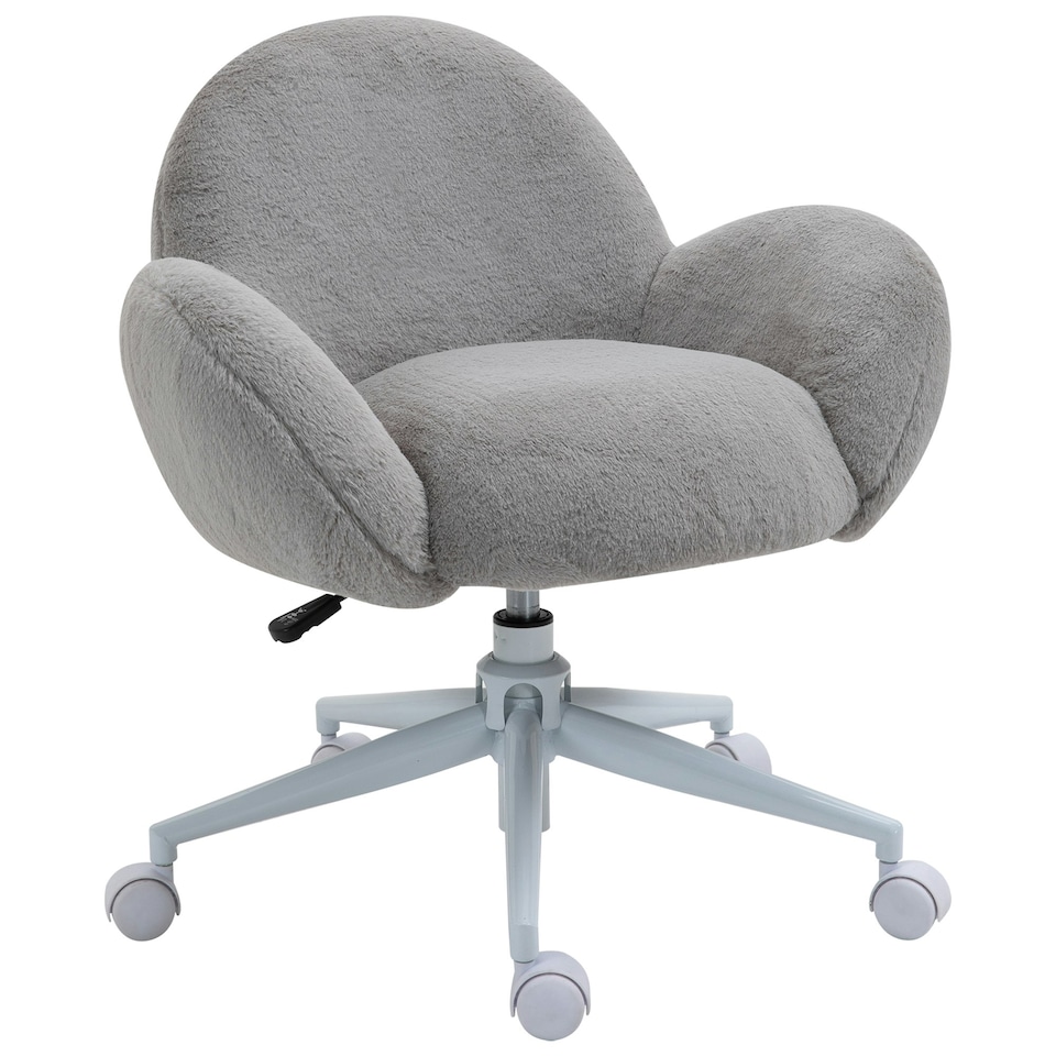 image 1 of HOMCOM Fluffy Leisure Chair Office Chair with Backrest Armrest Wheels Grey