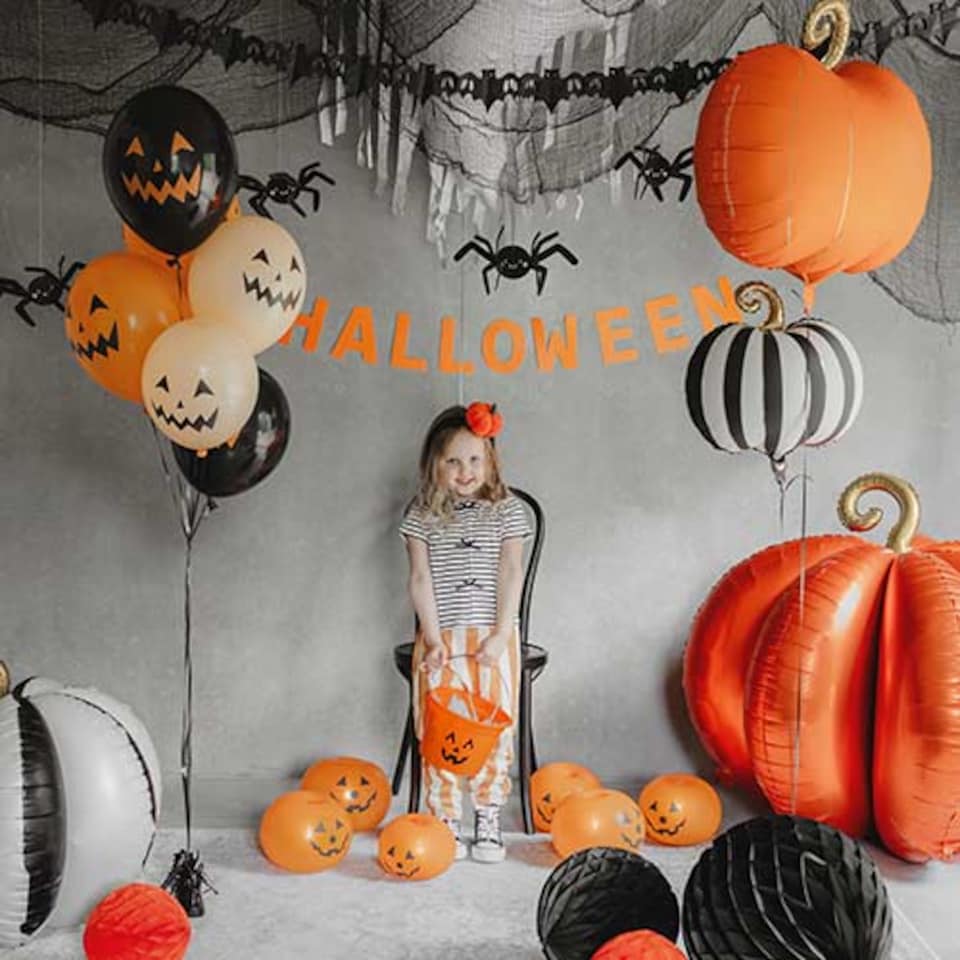 image 1 of Orange Pumpkin LED Light Up Halloween Round Latex Balloons - Pack of 5