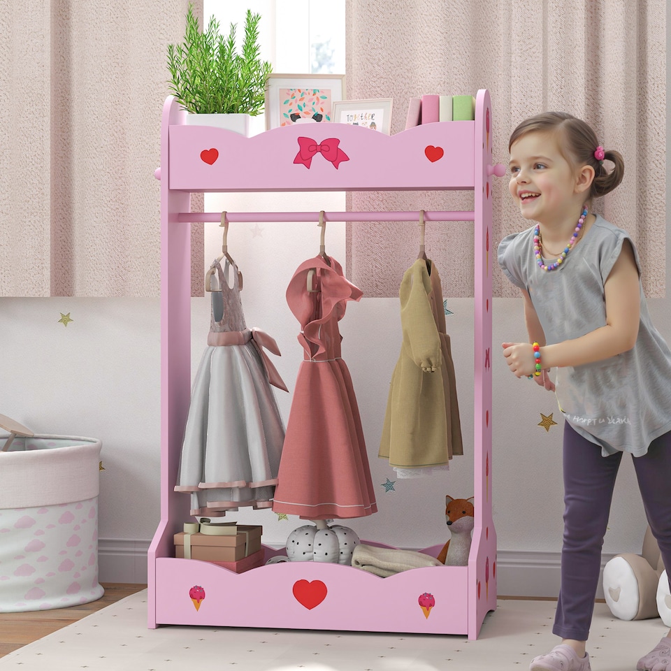 image 1 of AIYAPLAY Kids Clothes Rail w Storage Shelves for Bedroom, Nursery, Pink