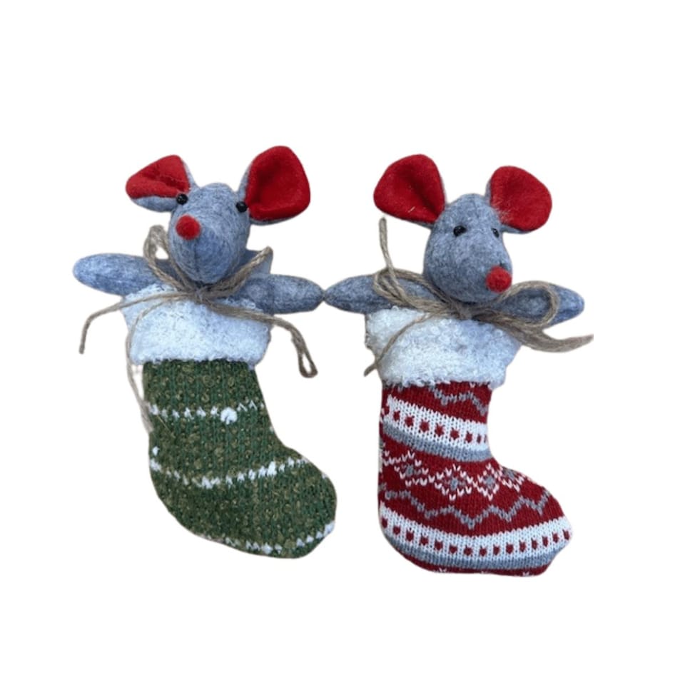 Gisela Graham Christmas Set of 2 Felt Mice in Stockings Christmas Decorations