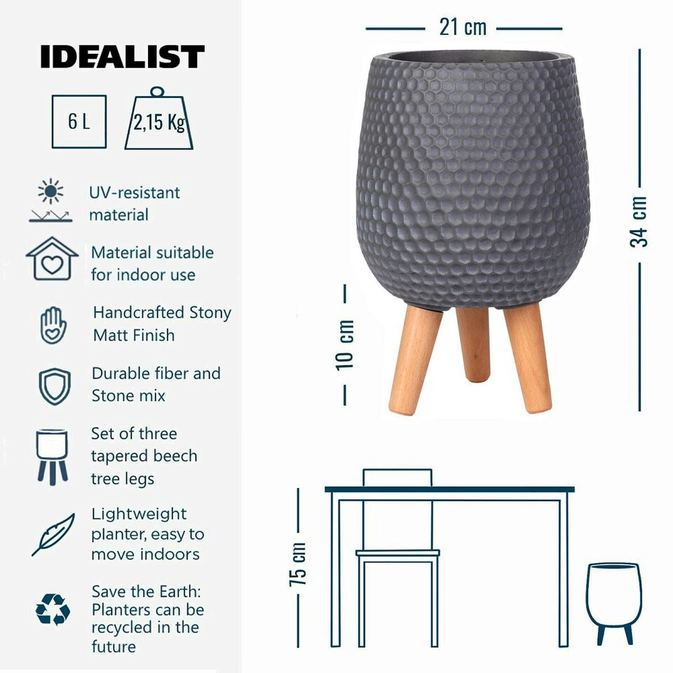 image 1 of Honeycomb Style Dark Grey Planter with Legs, Round Indoor Plant Pot Stand for Indoor Plants by Idealist Lite D21 H34 cm, 6L