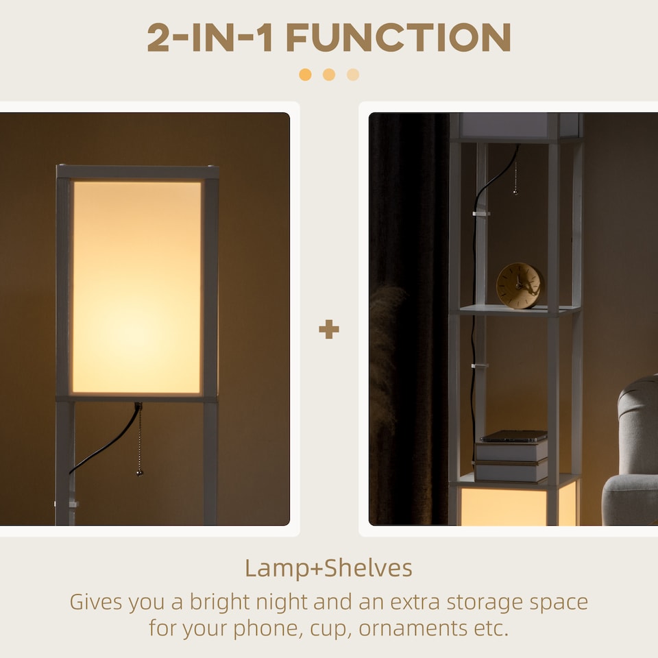 image 1 of HOMCOM Floor Lamp with Shelves and Dual Light, Modern Corner Standing Lamp with TC Fabric Lampshade for Living Room, Bedroom, Bulb not Included, White