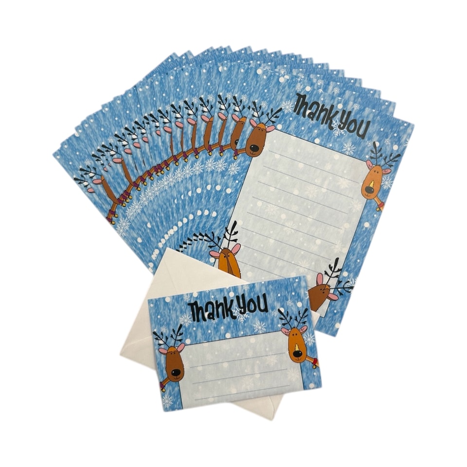 image 1 of Pack of 20 Christmas Snow Reindeer Thank You Sheets With Envelopes
