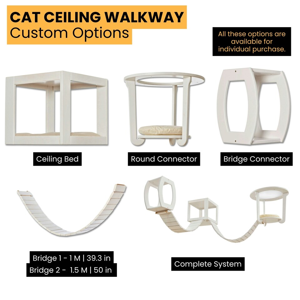 image 1 of NOVECRAFTO Modular Ceiling Cat Furniture – Wooden Hanging Cat Tower with Shelves, Bridge & Sleeper – Space-Saving Climbing System for Indoor Cats White