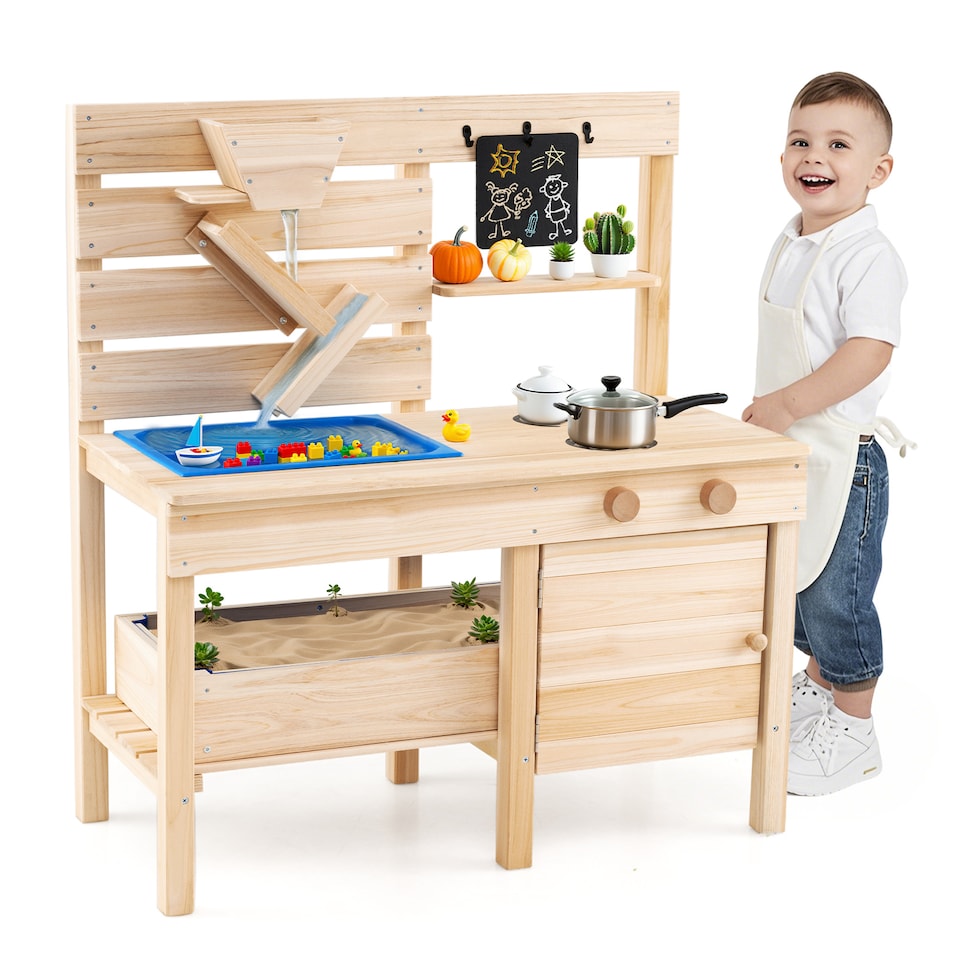 image 1 of COSTWAY Mud Kitchen Kids Outdoor Play Kitchen with Detachable Sandbox-Natural