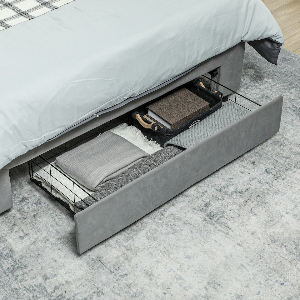 image 1 of HOMCOM Double Bed Frame with Storage and Adjustable Velvet Headboard, Grey