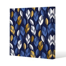 White, Blue & Gold Leaves on Navy Background (Canvas Print) 101 x 101 x 4cm