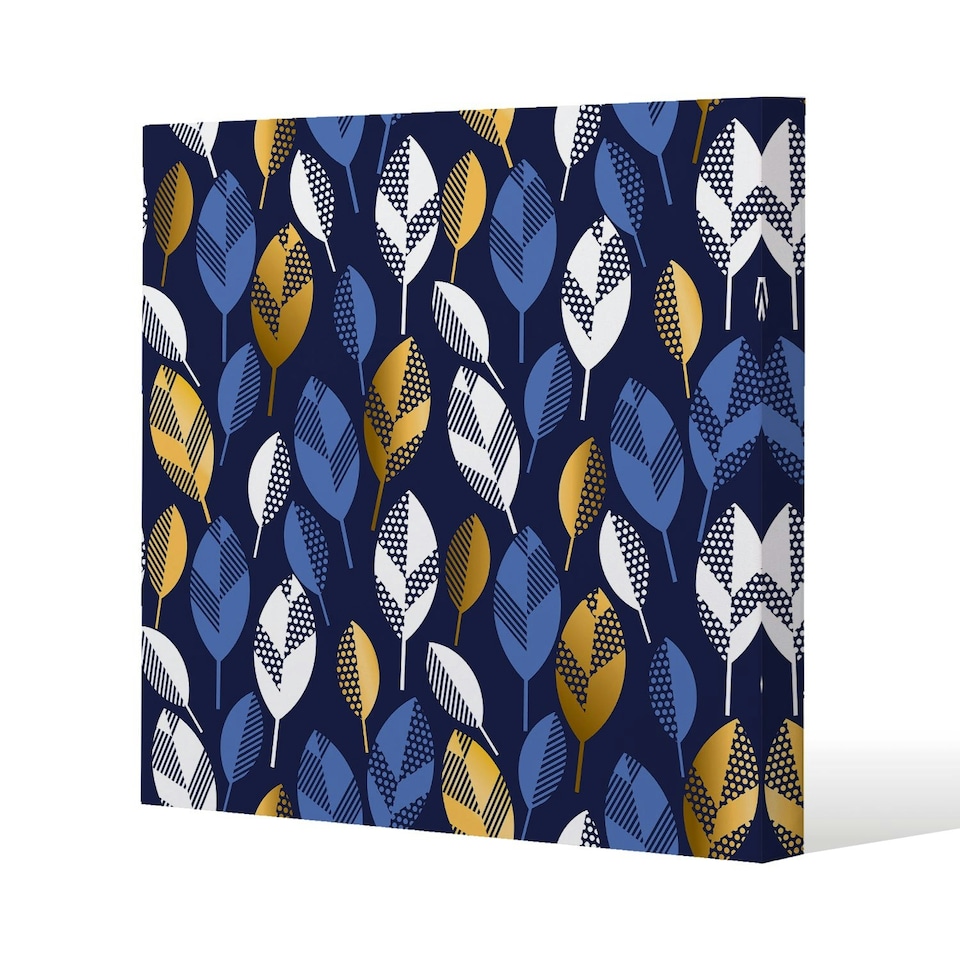 image 1 of White, Blue & Gold Leaves on Navy Background (Canvas Print) 101 x 101 x 4cm