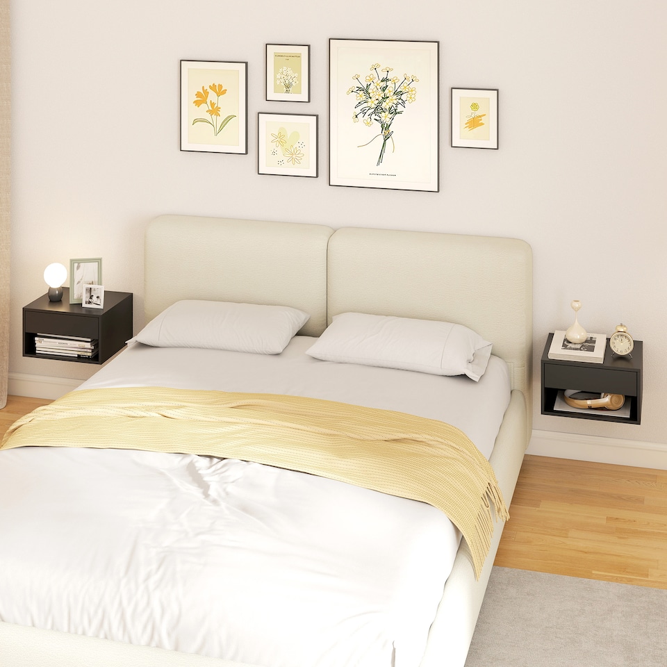image 1 of HOMCOM Floating Nightstands Set of 2, Bedside Table w/ Drawer and Open Shelf