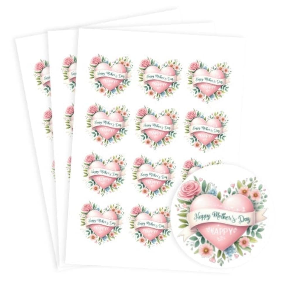 image 1 of Mother's Day Pink Heart Round Stickers 60mm - Sheet of 12