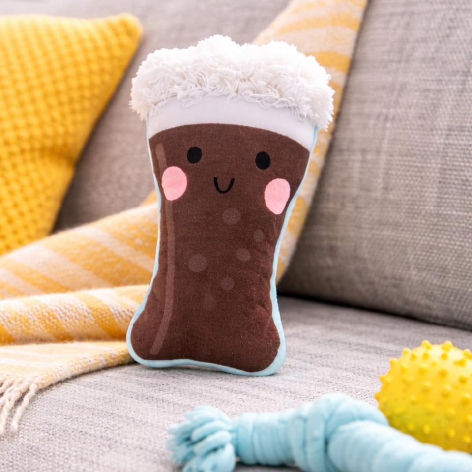 image 1 of Squeaky Plush Dog Toy Summer Brown Stout Drinks Design Pet Puppy Chew Fetch