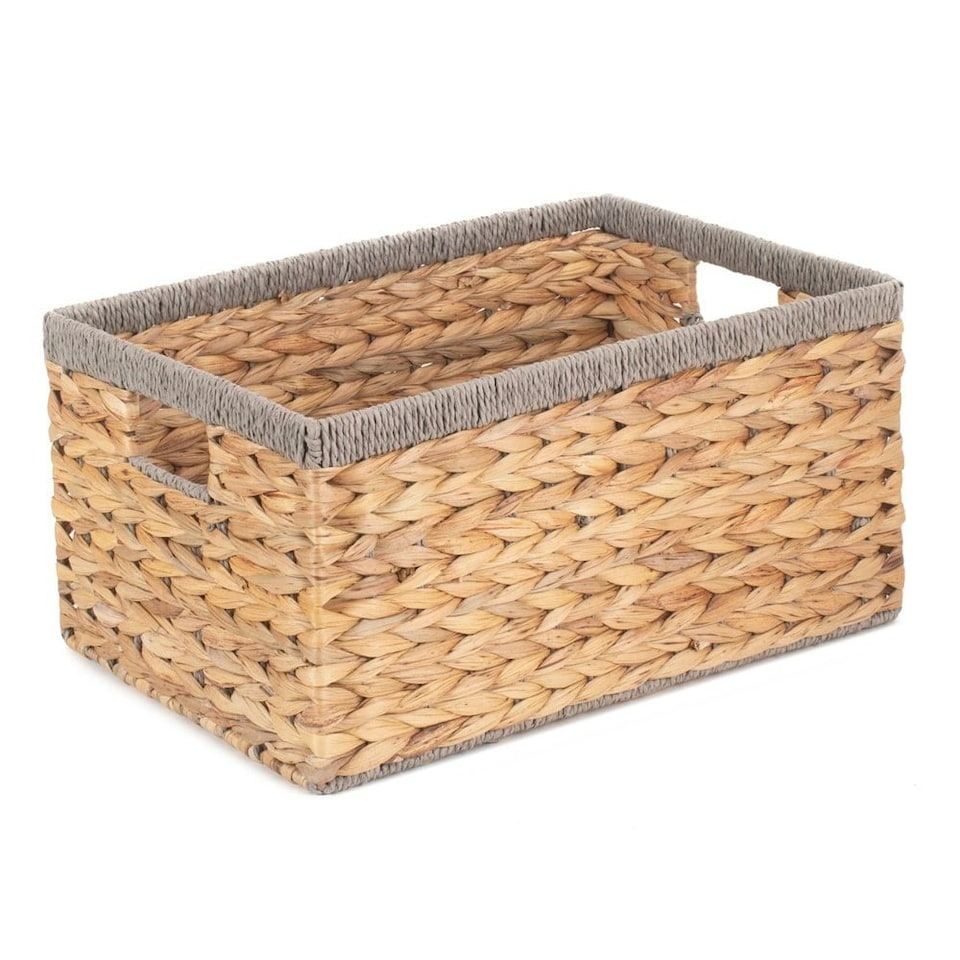 image 1 of Small Water Hyacinth With Grey Rope Border Rectangular Storage Basket | Brown | Brown