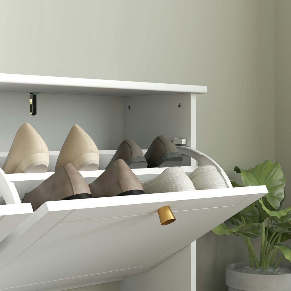 image 1 of HOMCOM Narrow Shoe Cabinet with 4 Flip Drawers Adjustable Shelves White | Gold | 119.5W x 23.5D x 87H cm