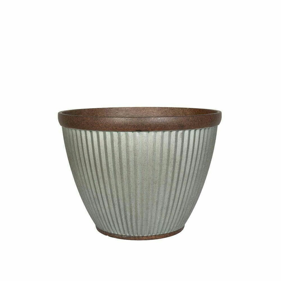 image 1 of APTA Irondale Silver Bowl 38cm Flower Pot Indoor or Outdoor Lightweight Recycled Plastic Garden Pot Planter with Drainage Holes  UV Resistant & Frostproof