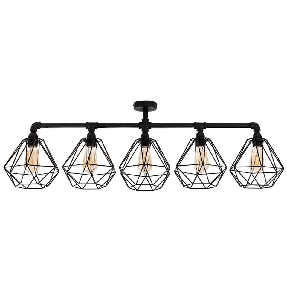 image 1 of ValueLights Luiggi 5 Way Black Ceiling Bar Diablo Black Wire Shades and Bulbs