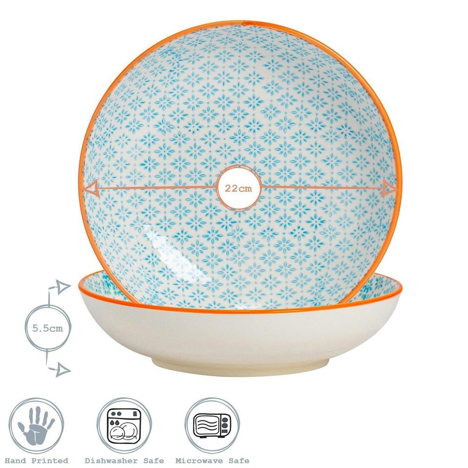 image 1 of Nicola Spring Hand-Printed Pasta Bowls - 22cm - Blue - Pack of 6 Blue