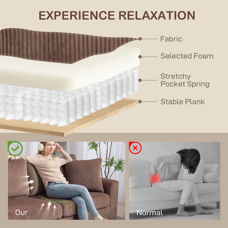image 1 of HOMCOM 212 cm Upholstered Jumbo Cord Sofa Couch with Spring Cushion, Coffee | Brown | Brown