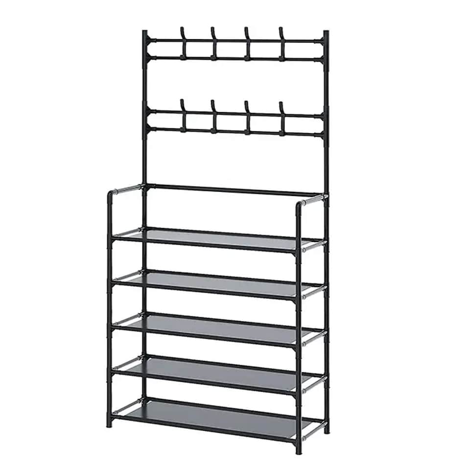 image 1 of Living and Home 5-Tier Freestanding Coat Rack with Shelves - 80x175cm Black