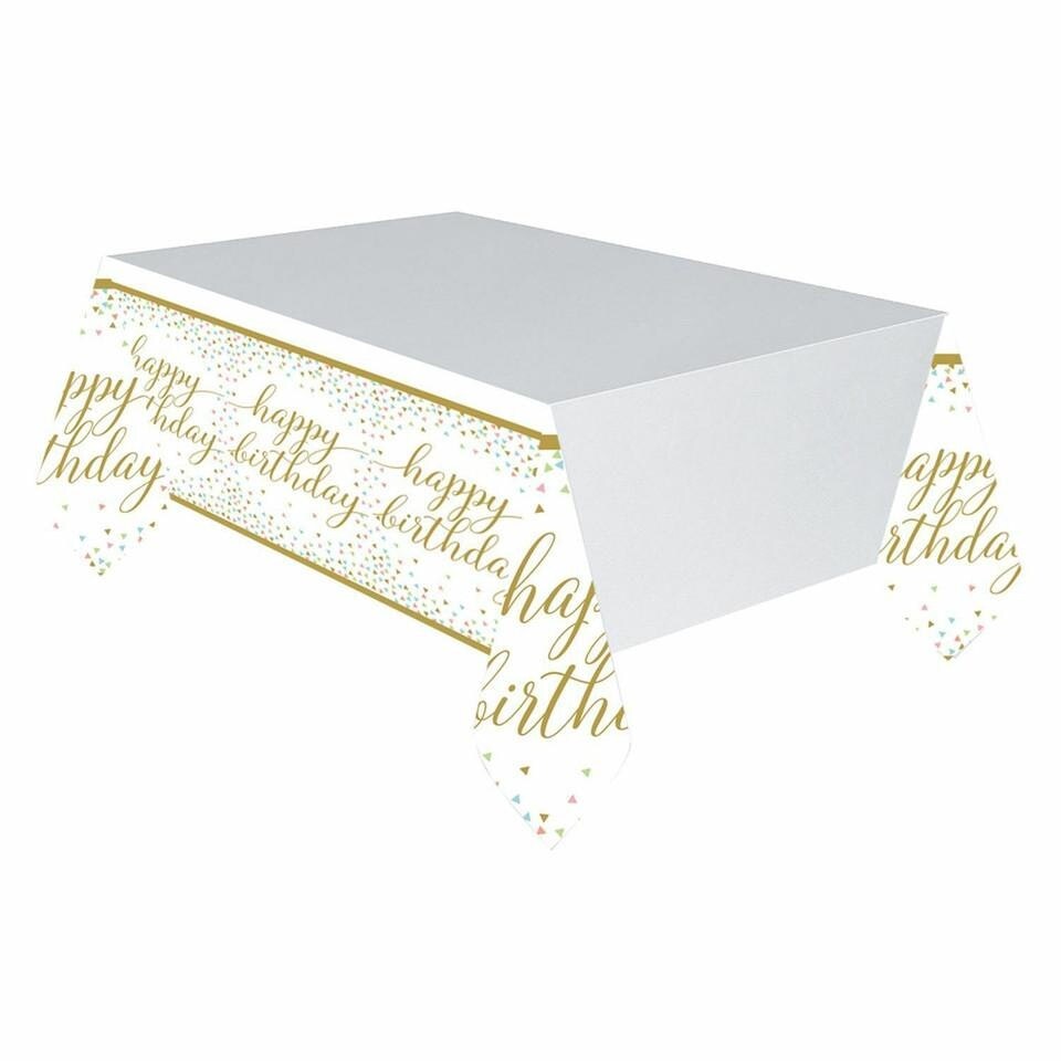 Amscan Plastic Confetti Happy Birthday Party Table Cover - White/Gold - One Size