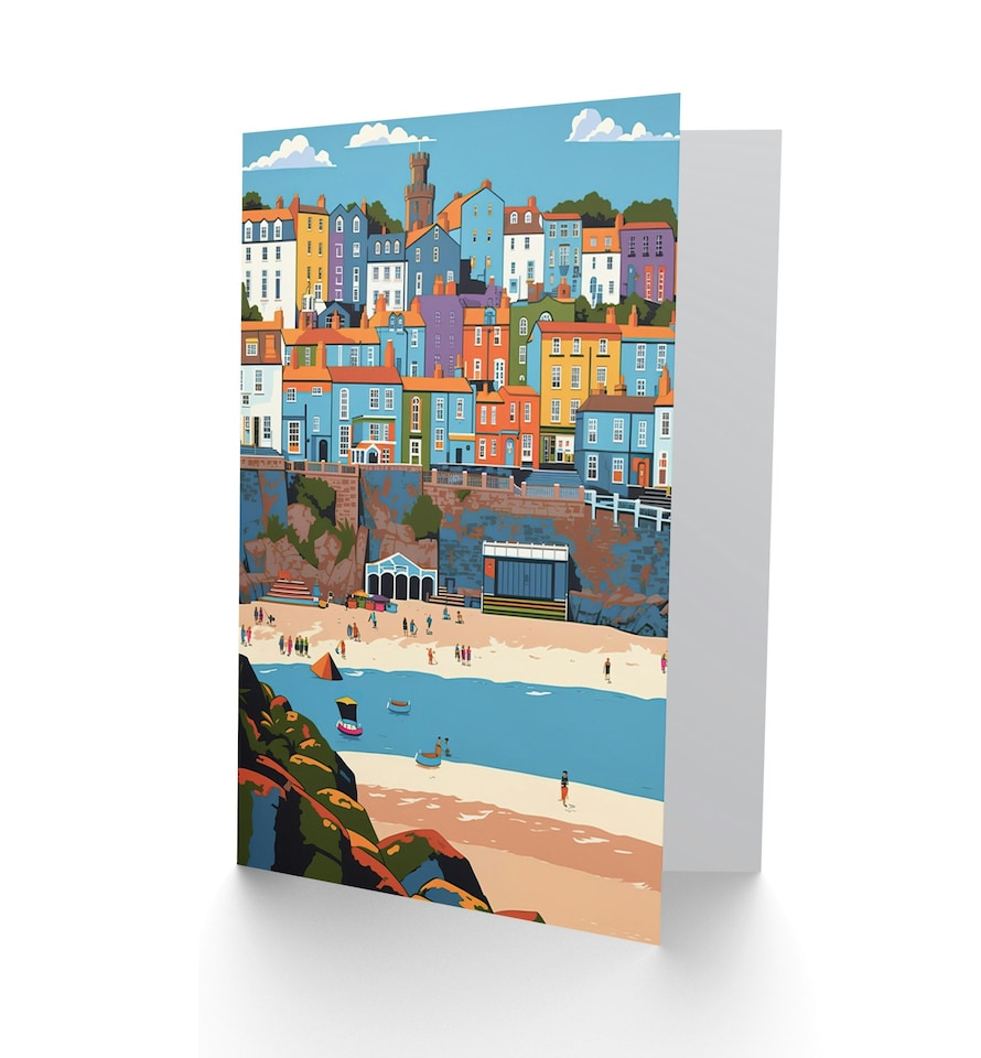 image 1 of Tenby Castle Beach Wales Colourful Townscape Greeting Card