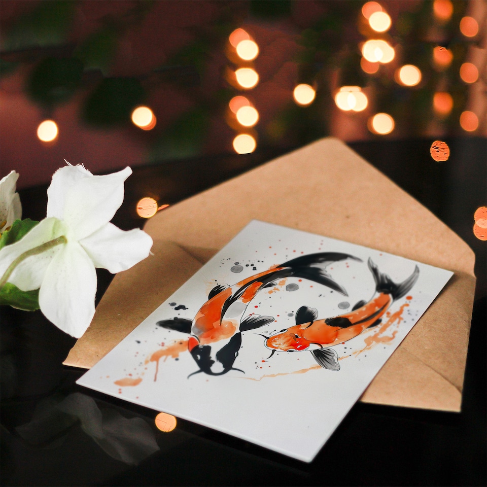 image 1 of Greeting Card Two Koi Carp Japanese Fish Bright Watercolour Birthday