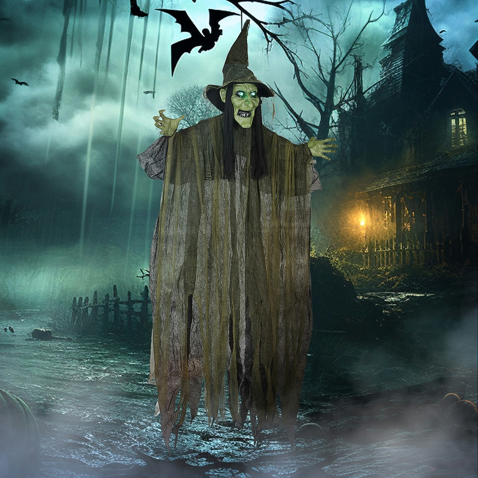 image 1 of Outsunny Voice Activated Halloween Animatronics Hanging Witch, Green