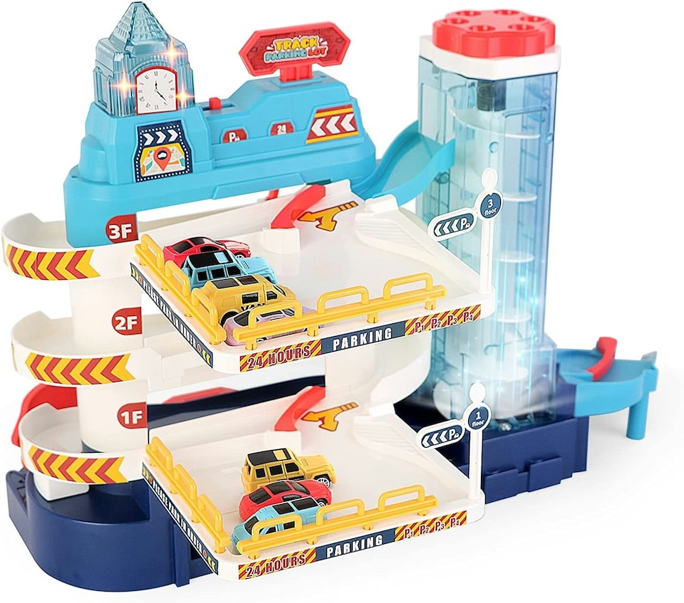 image 1 of 3-Storey Track Toy Garage Playset with Music, Light Effects, Electric Elevator, Ramps, 12 Mini Cars & Play Mat - Multi-Level Parking Lot Toy for Kids Ages 3-6, Perfect Birthday Gift for Boys & Girls