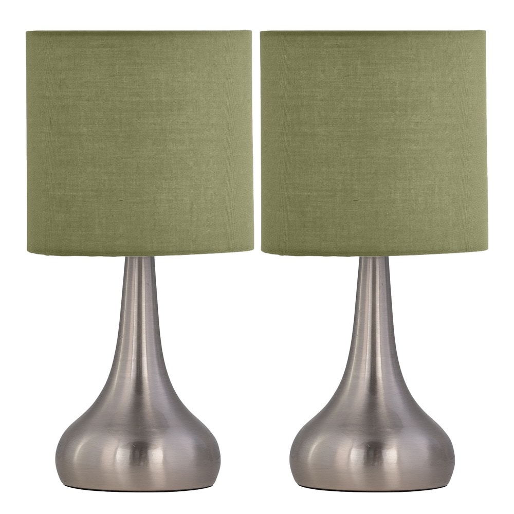 First Choice Lighting Set of 2 Romana Brushed Chrome Touch Table Lamps Sage Green Shades in Silver