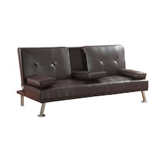 Faux Leather Clic Clac  Luxury Sofa Bed with Drink Cup Holder In Brown