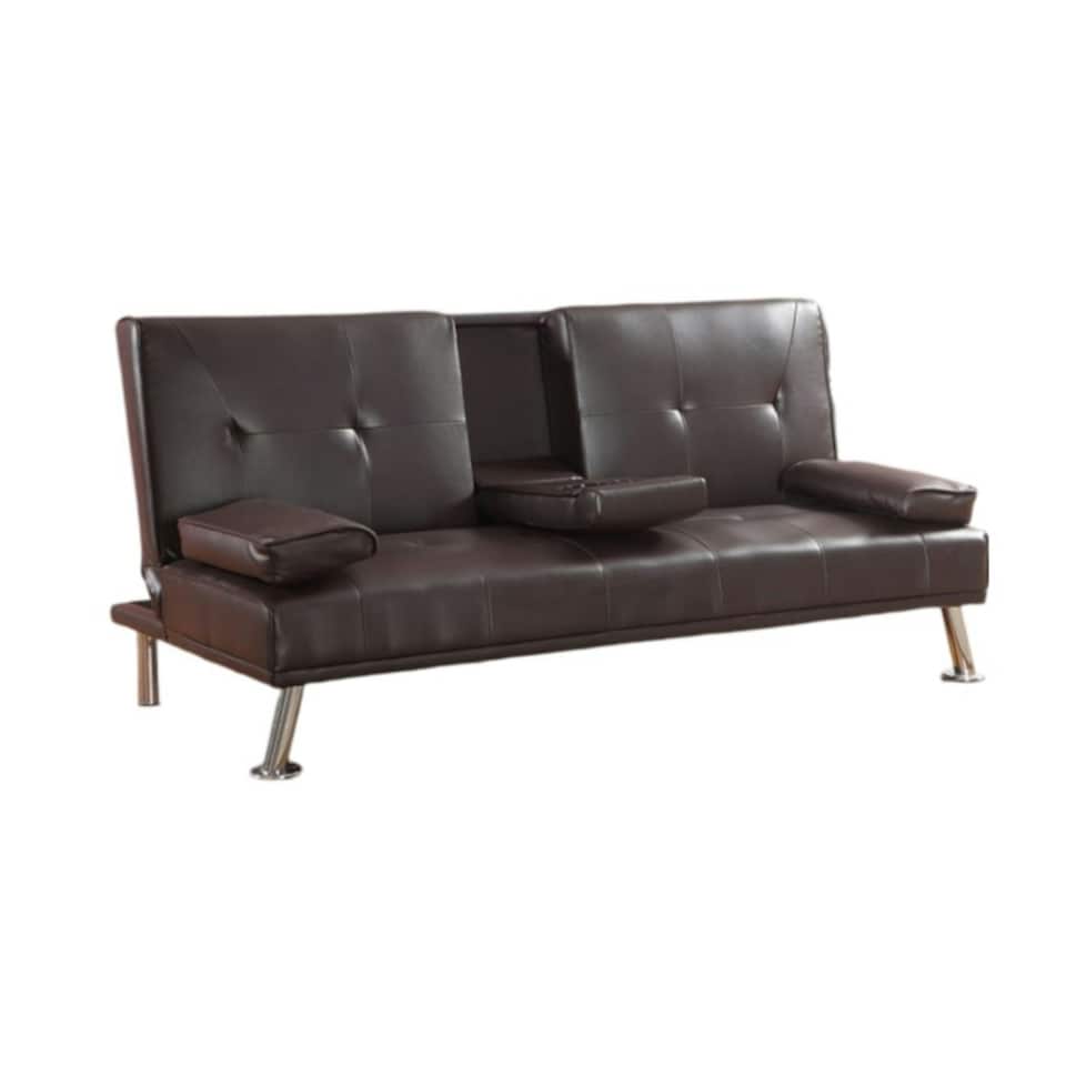 Faux Leather Clic Clac  Luxury Sofa Bed with Drink Cup Holder In Brown