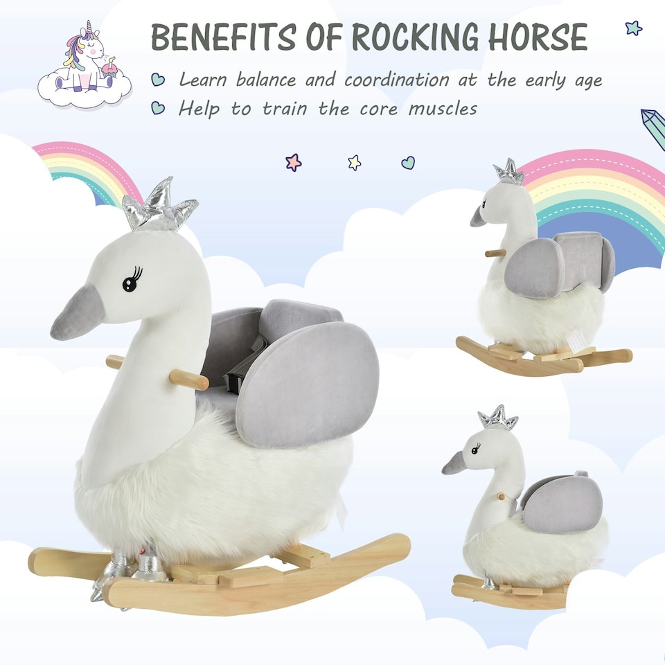 image 1 of HOMCOM Cute Kids Ride-On Rocking Swan w/ Sound Handlebars Seat Belt Plush Body