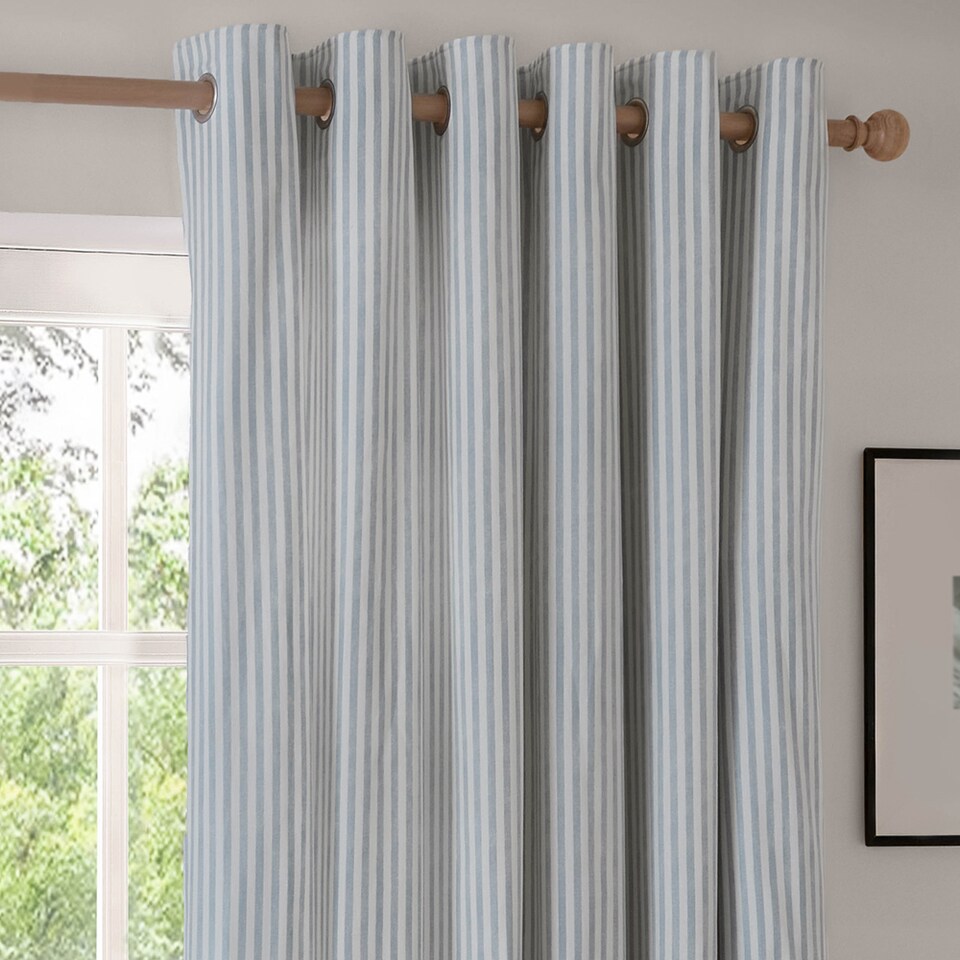 image 1 of Hebden Striped Cotton Eyelet Curtain Pair, 168 x 183cm, Mineral Blue | Blue | Marine Blue