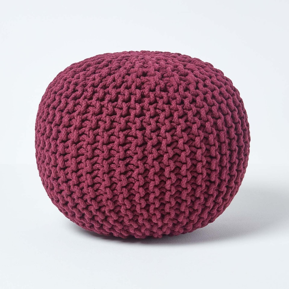 image 1 of Homescapes Plum Round Cotton Knitted Pouffe Footstool - 35 x 40 cm