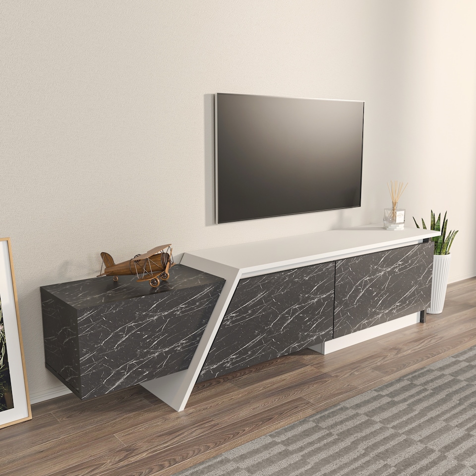 image 1 of Decorotika Zonas TV Unit for TVs up to 55 inches with Cabinets | Multi | Black Marble Effect and White