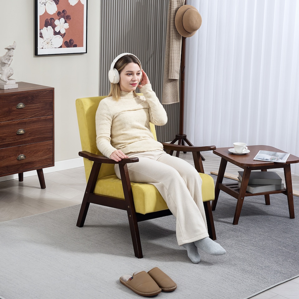 image 1 of HOMCOM Nordic Accent Chair, Upholstered Velvet Armchair with Solid Wood Frame and Soft Thick Padded for Living Room, Bedroom, Champagne | Yellow | Yellow