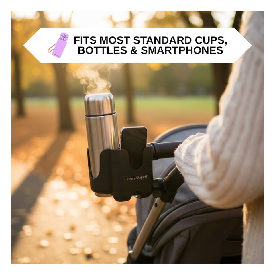 image 1 of Pram Phone & Cup Holder Bottles Hands Free Stroller Accessory Adjustable Clamp