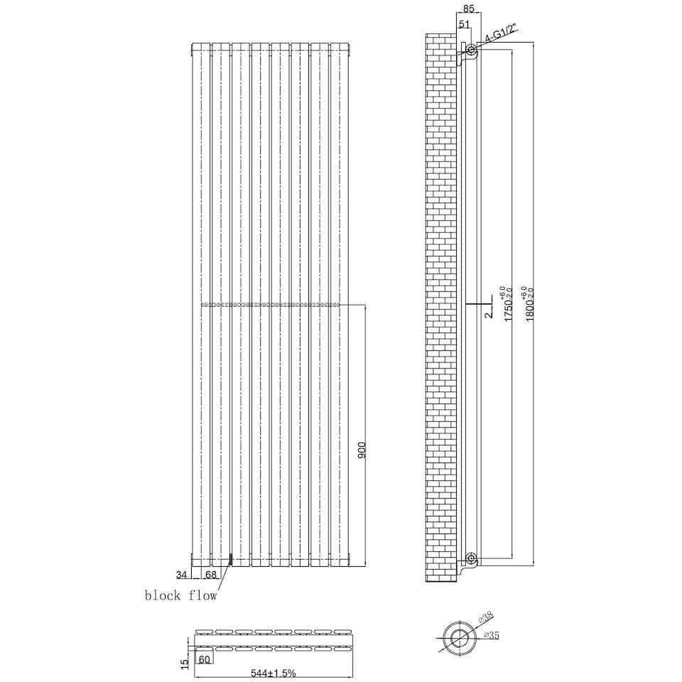 image 1 of Typhoon Vertical Double Panel Heated Bathroom Radiator - Black - (H) 1800mm x (W) 544mm