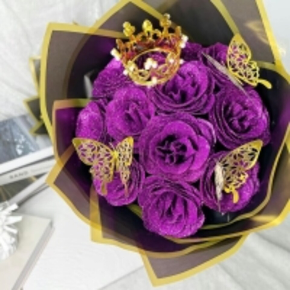 image 1 of Artificial 12 Purple Rose Flower Bouquet With Glitter Crown Butterfly Wedding Party Decoration