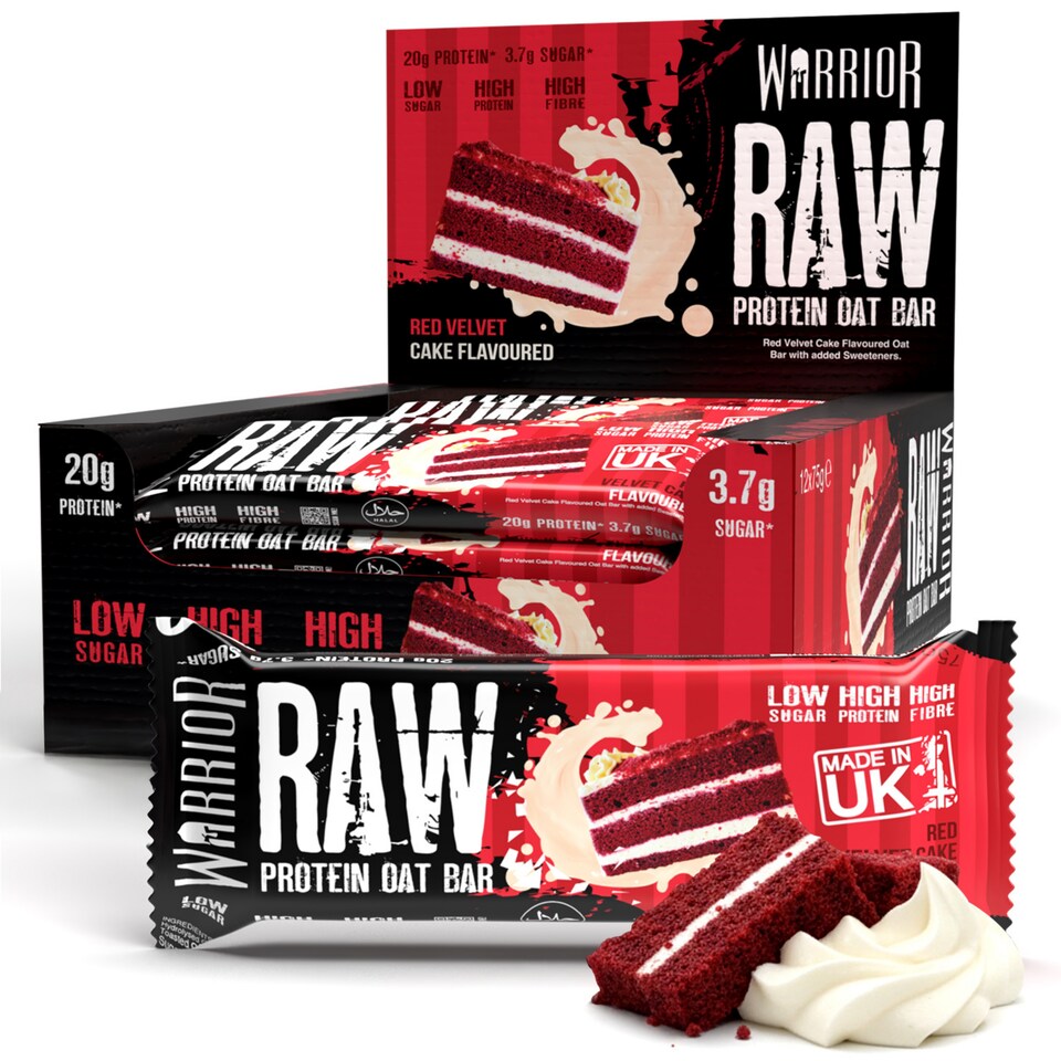 image 1 of Warrior RAW Protein Bars 12 x 75g – 20g High Protein Bar, Low Sugar High Fibre Oat Protein Flapjack – Protein Snacks, Meal Replacement Bars (Red Velvet Cake)