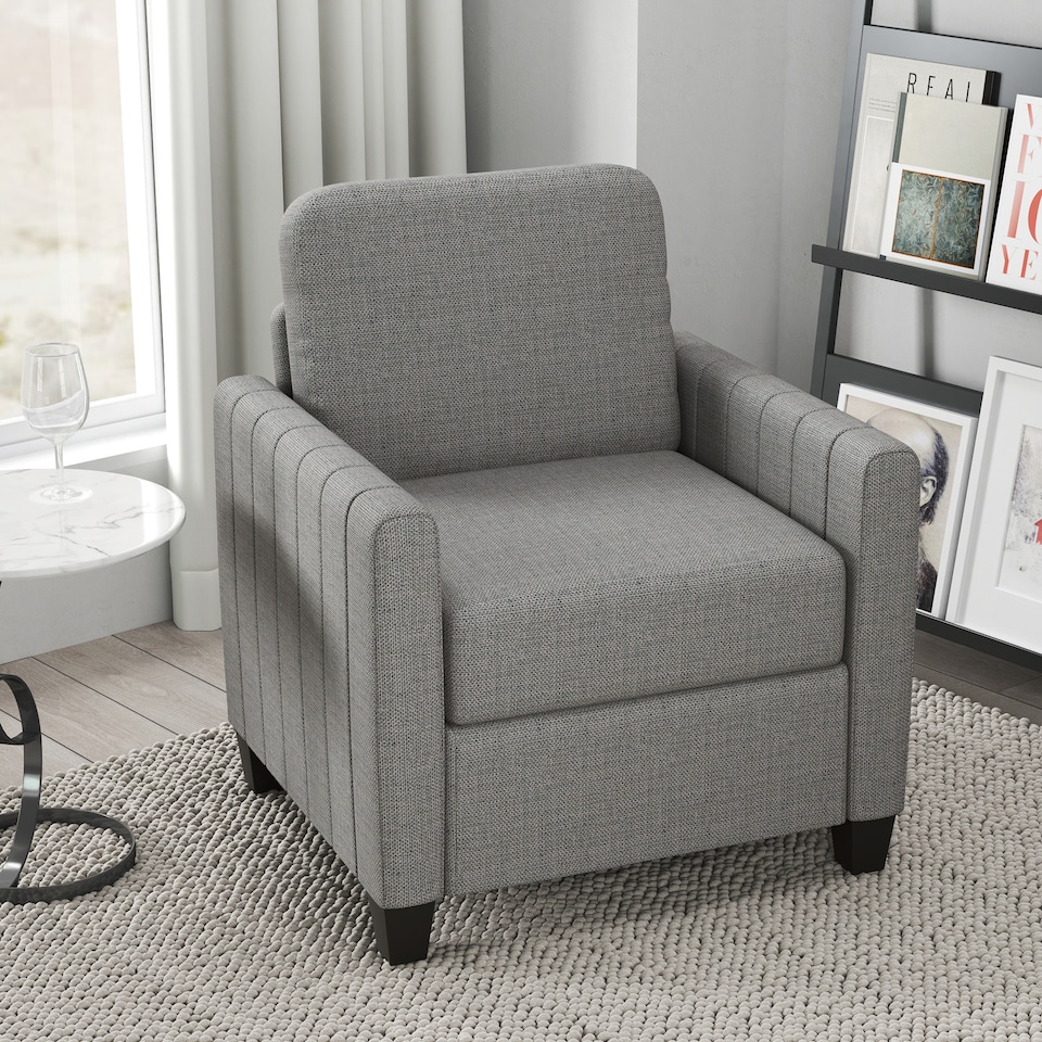 image 1 of HOMCOM Armchair, Channel Tufted Modern Fabric Accent Chair, Comfy Upholstered Reading Lounge with Spring Cushion, Back Pillow, for Living Room, Bedroom, Office, Light Grey | Grey | One Size