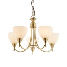 Alton 5 Light Multi Arm Ceiling Pendant Antique Brass, Opal Glass, E14