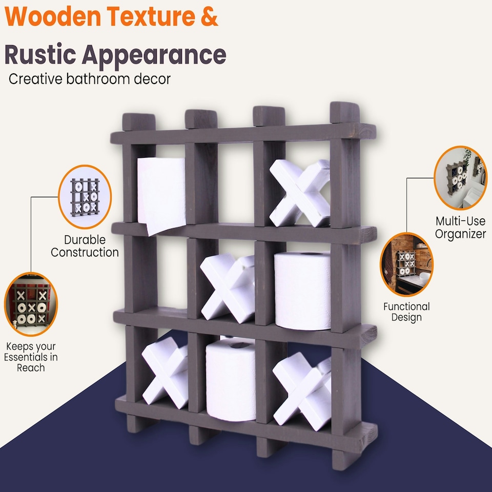 image 1 of NOVECRAFTO Tic Tac Toe Wall Mounted Toilet Paper Holder – Handmade Xs and Os Noughts and Crosses Toilet Roll Storage Rack