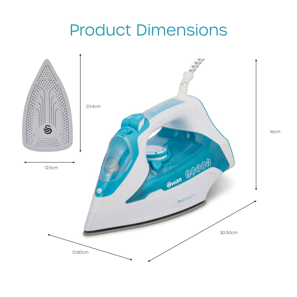 image 1 of Swan Steam Iron with Ceramic Soleplate, ProSteam Technology, Anti-Calc, Anti-Drip, Adjustable Temperature Dial and 360 Degree Swivel Cord, 3000W, White and Aqua, SI12055AQ