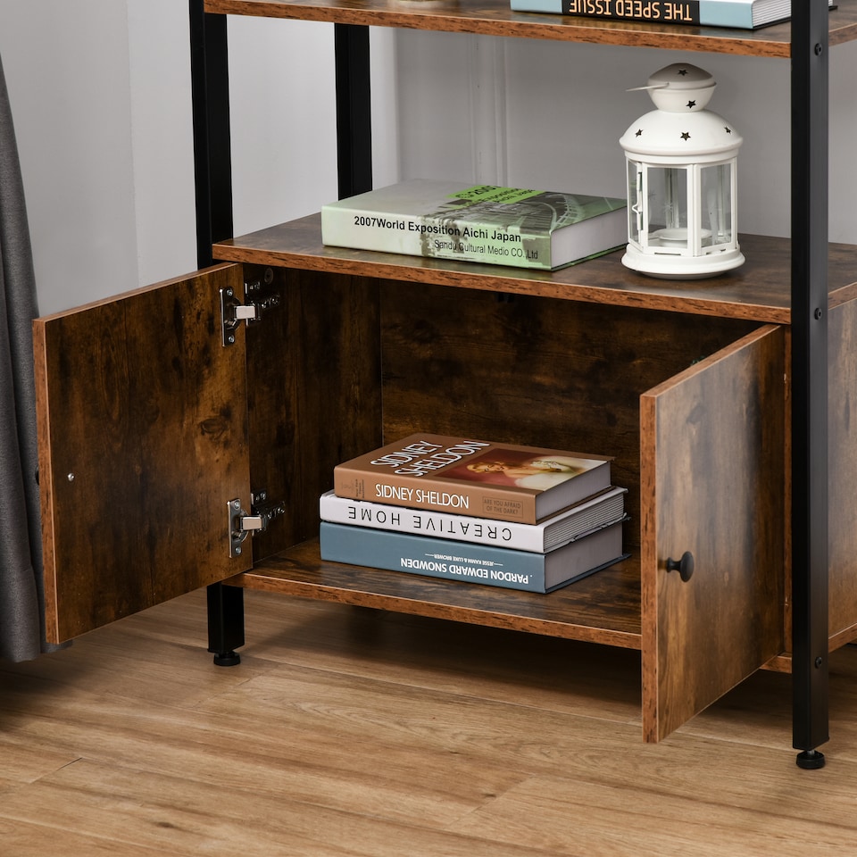 image 1 of HOMCOM Industrial Bookshelf, Storage Cabinet with 3-Tier with Doors, for Home Office, Living Room Rustic Brown