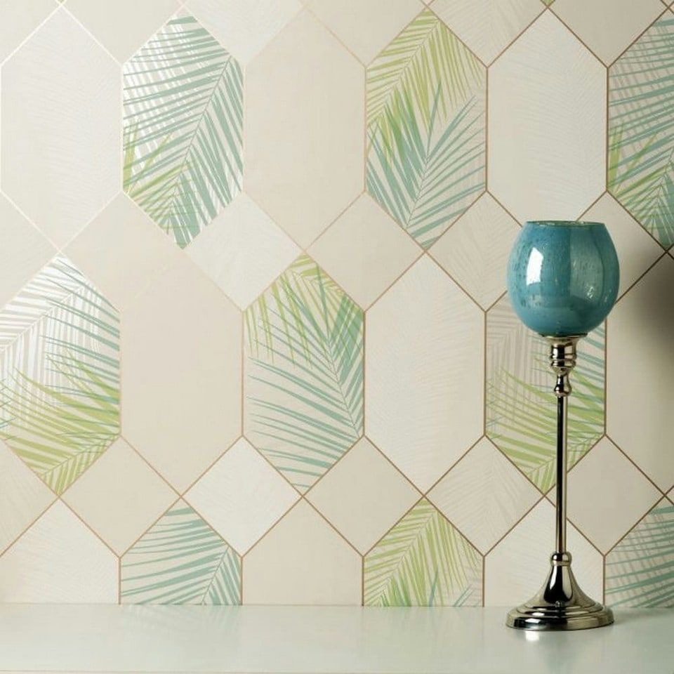 image 1 of Fine Decor Miami Geometric Leaf Wallpaper - Natural/Green - One Size | Cream