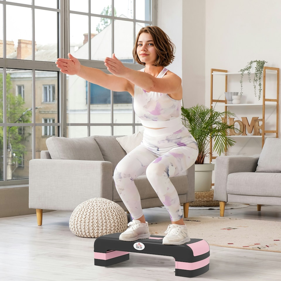image 1 of HOMCOM Aerobic Step Three-Level Adjustable Exercise Stepper, Black and Pink