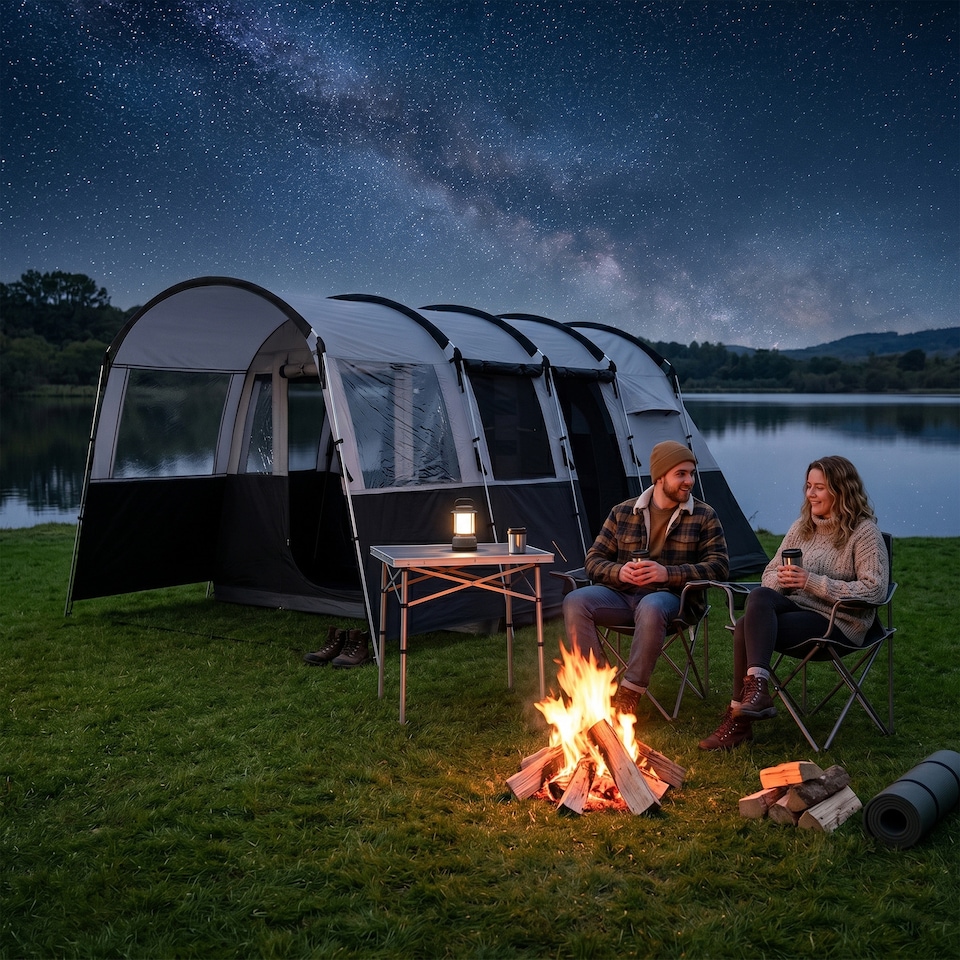image 1 of Outsunny 8-Person Camping Tent Tunnel Design with 4 Large Windows Dark Grey