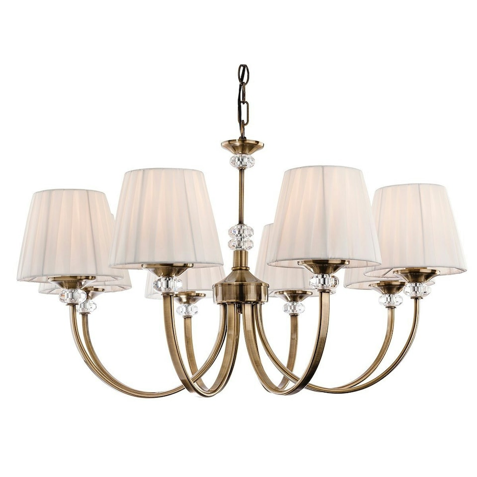 Langham 8 Light Multi Arm Chandelier Antique Brass, Pleated Cream Shades, E14